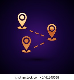 Gold Route location icon isolated on dark blue background. Map pointer sign. Concept of path or road. GPS navigator.  Vector Illustration