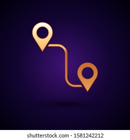 Gold Route location icon isolated on dark blue background. Map pointer sign. Concept of path or road. GPS navigator.  Vector Illustration