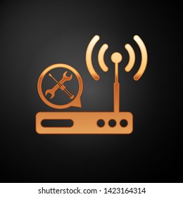 Gold Router wi-fi with screwdriver and wrench icon isolated on black background. Adjusting, service, setting, maintenance, repair, fixing.  Vector Illustration