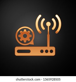 Gold Router and wi-fi signal and gear icon isolated on black background. Adjusting app, service concept, setting options, maintenance, repair, fixing. Vector Illustration