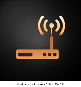 Gold Router and wi-fi signal symbol icon isolated on black background. Wireless ethernet modem router. Computer technology internet. Vector Illustration