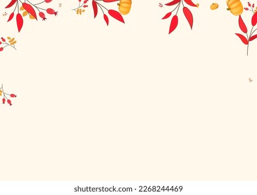 Gold Rowan Background Beige Vector. Plant Fall. Colorful Season Texture. Image Template. Red Leaves Autumn Frame.
