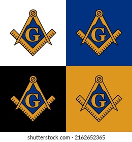 Gold Royal Bue Black White Freemasony Masonry Free Masons Stonemasons Organisation Secret Society Logo Symbol Icon Emblem Badge Set Vector