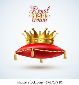 Gold royal crown with gemstones on ceremonial red pillow with tassels realistic single object image vector illustration 