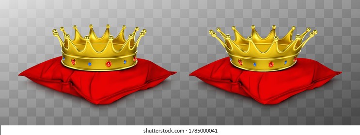 Gold royal crown for king and queen on red pillow. Vector realistic luxury golden corona with gems, medieval diadem for prince, princess or emperor on cushion isolated on transparent background