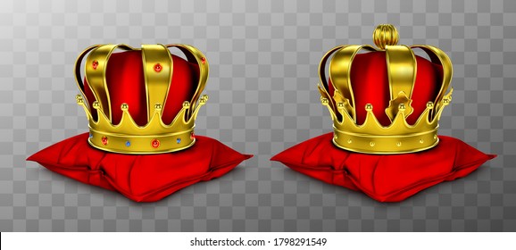 Gold royal crown for king and queen on red pillow. Vector realistic luxury golden corona with gems, medieval diadem for prince, princess or emperor on cushion isolated on transparent background