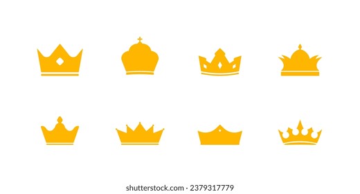 Juego de iconos de coronas reales de oro. Diadema monarca heráldica de la realeza y el poder con lujosa decoración en vintage estilo vectorial medieval