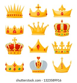 Juego de coronas reales de oro, monarquía y símbolo de autoridad. Recompensa de la victoria o marca de honor. Dibujo de dibujos animados de estilo plano vectorial aislado en fondo blanco