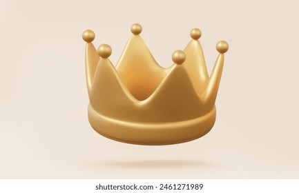 Gold royal king crown classic luxury success sign or diadem premium shiny symbol icon on beige background. Wealth and power Queen noble princess object. Eps 10 vector. 3d render illustration