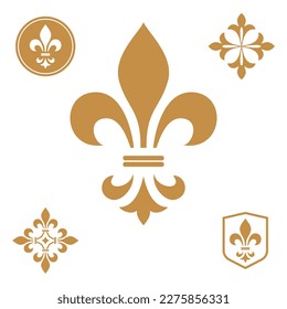 Gold royal lily on a white background. Heraldic sign, logo, design element, decoration. Graphic vector pattern