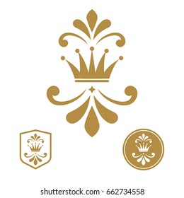 Gold royal lily on a white background. Heraldic sign, logo, design element, decoration. Graphic vector pattern.