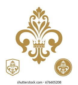 Gold royal lily on a white background. Heraldic sign, logo, design element, decoration. Graphic vector pattern.