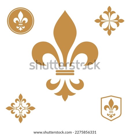 Gold royal lily on a white background. Heraldic sign, logo, design element, decoration. Graphic vector pattern
