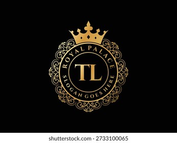 Gold royal palace logo featuring crown, ornamental frame, and letters TL against black.