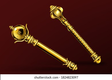 Gold royal scepters, king and queen wands. Vector realistic set of ancient golden rod, royalty symbol of monarchy and imperial power. Medieval jewelry sceptre, coronation insignia