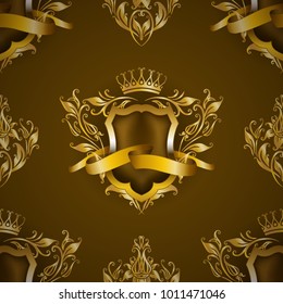 Gold royal shield with floral elements, ribbon, damask ornament on background for site, web design. Old frame, border, crown, realistic seamless pattern in vintage style for label, emblem, badge, logo