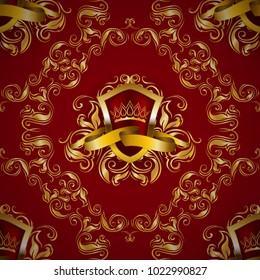 Gold royal shield with floral elements, ribbon, damask ornament on background for site, web design. Old frame, border, crown, realistic seamless pattern in vintage style for label, emblem, badge, logo