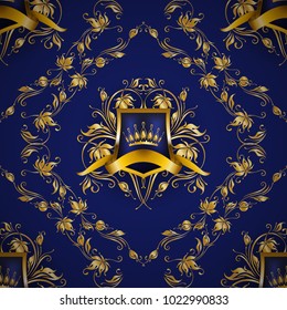 Gold royal shield with floral elements, ribbon, damask ornament on background for site, web design. Old frame, border, crown, realistic seamless pattern in vintage style for label, emblem, badge, logo