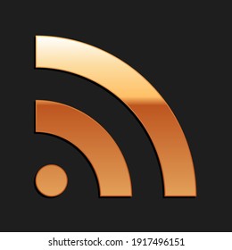 Gold RSS icon isolated on black background. Radio signal. RSS feed symbol. Long shadow style. Vector.