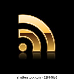 Gold rss symbol web button with reflection on black