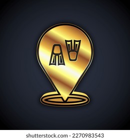 Gold Rubber flippers for swimming icon isolated on black background. Diving equipment. Extreme sport. Diving underwater equipment.  Vector