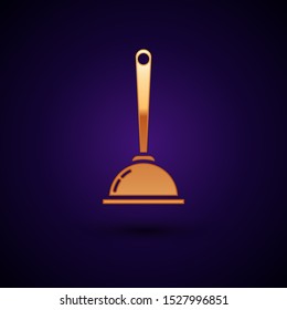 Gold Rubber plunger with wooden handle for pipe cleaning icon isolated on dark blue background. Toilet plunger.  Vector Illustration