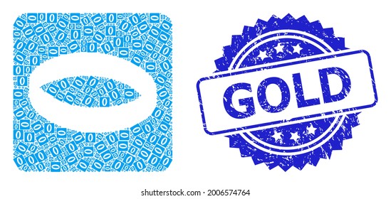 Sello de sellado de goma dorada y anillo de oro de recambio vectorial. El sello azul tiene la leyenda Gold dentro de la roseta. El collage de vectores se organiza con pictogramas de anillo de oro rotado al azar.