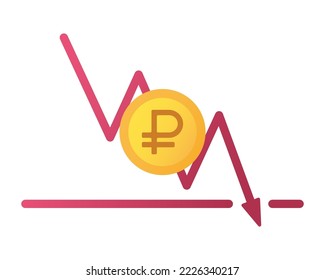 Gold ruble coin and a chart where the line with an arrow goes down and breaks through the bottom RUB
