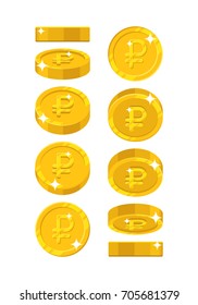 Gold ruble views cartoon style isolated. The gold ruble is at different angles around its axis for designers and illustrators. Rotation of a gold coin in the form of a vector illustration
