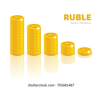 Gold rubles piles cartoon style isolated. Heaps of gold rubles of various heights for designers and illustrators. Stacks of gold pieces in the form of a vector illustration