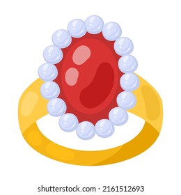 Gold ruby and pearl ring, jewelry cartoon illustration. Rings with diamonds for wedding ceremony, pearl earrings, pendent accessories
