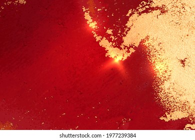 Gold and ruby red abstract marble background with sparkles. Vector texture in alcohol ink technique with glitter. Template for banner, poster design. Fluid art painting