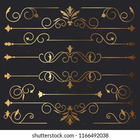 Gold Rule Lines and Ornaments - Set of vector text dividers and frame in gold. Each element is grouped for easy editing. Colors are a few global swatches; elements can be recolored easily.