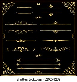 Líneas y ornamentos de regla de oro - Conjunto de divisores de texto vectorial y marco en oro. Cada elemento se agrupa para una edición sencilla.  Los colores son algunas muestras globales; los elementos se pueden volver a colorear fácilmente.