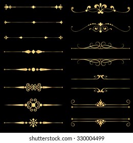 Gold Rule Lines and Ornaments - Set of vector text dividers and frame in gold.  File is layered, and each element is grouped separately for easy editing. 