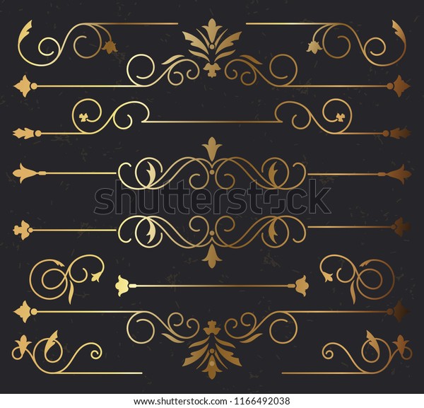Gold\
Rule Lines and Ornaments - Set of vector text dividers and frame in\
gold. Each element is grouped for easy editing. Colors are a few\
global swatches; elements can be recolored\
easily.
