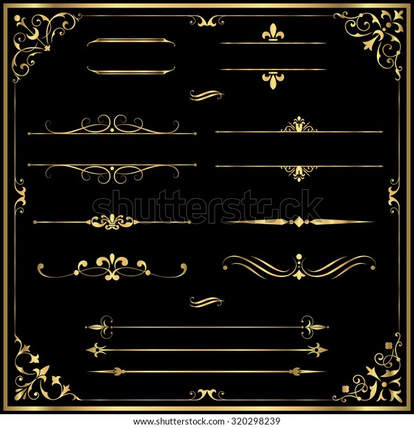 Gold\
Rule Lines and Ornaments - Set of vector text dividers and frame in\
gold.  Each element is grouped for easy editing.  Colors are a few\
global swatches; elements can be recolored\
easily.