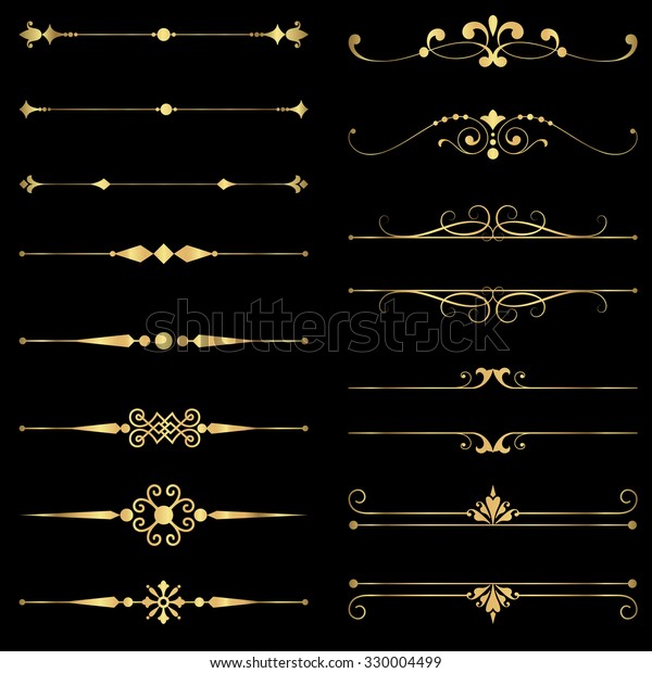 Gold Rule Lines and Ornaments - Set of\
vector text dividers and frame in gold.  File is layered, and each\
element is grouped separately for easy editing.\
