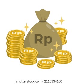 Gold rupiah coins money bag. Flat design. Editable vector format.