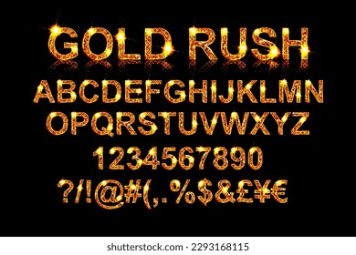 Gold rush. Gold alphabetic fonts and numbers on a black background. Vector illustration