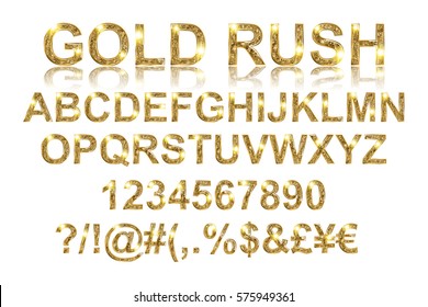 Gold rush. Gold alphabetic fonts and numbers on a white background. Vector illustration