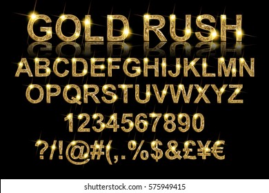 Gold rush. Gold alphabetic fonts and numbers on a black background. Vector illustration