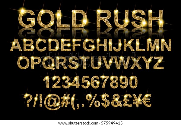 Gold rush. Gold alphabetic fonts and\
numbers on a black background. Vector\
illustration