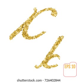 Gold rush. Gold alphabetic letter k. Vector gold alphabet. Font with golden glitter. Letter "k" on white background.