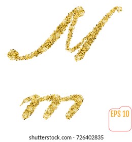 Gold rush. Gold alphabetic letter m. Vector gold alphabet. Font with golden glitter. Letter "m" on white background.