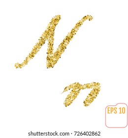 Gold rush. Gold alphabetic letter n. Vector gold alphabet. Font with golden glitter. Letter "n" on white background.