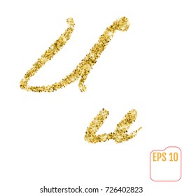 Gold rush. Gold alphabetic letter u. Vector gold alphabet. Font with golden glitter. Letter "u" on white background.