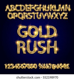 gold rush. gold alphabets and numbers on dark background. Vector illustration