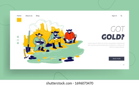 Gold Rush Landing Page Template. Group of American Wild West Prospectors Male Characters Panning Golden Sand and Prills Sitting on River Side with Pickaxe and Spade. Linear People Vector Illustration