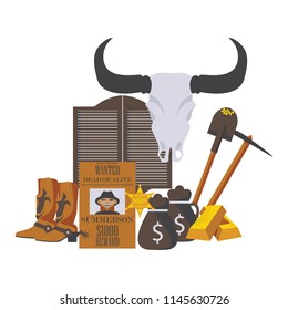 Gold rush objects set. Poster wanted, bull scull, pick and saloon doors isolated on white